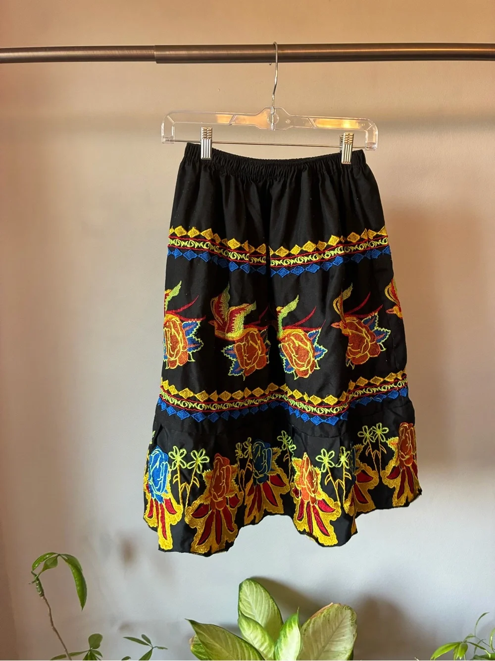 Black Embroidered Boho Midi Skirt – Fits Medium